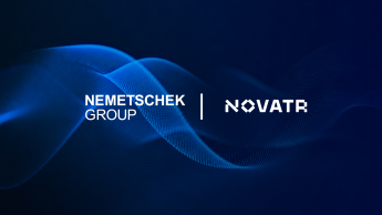 Nemetschek Group and Novatr logos on a dark blue flowing-wave background