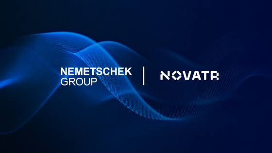 Nemetschek Group and Novatr logos on a dark blue flowing-wave background